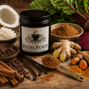 VitalRoot Coffee Spice Blend in a Glass Jar